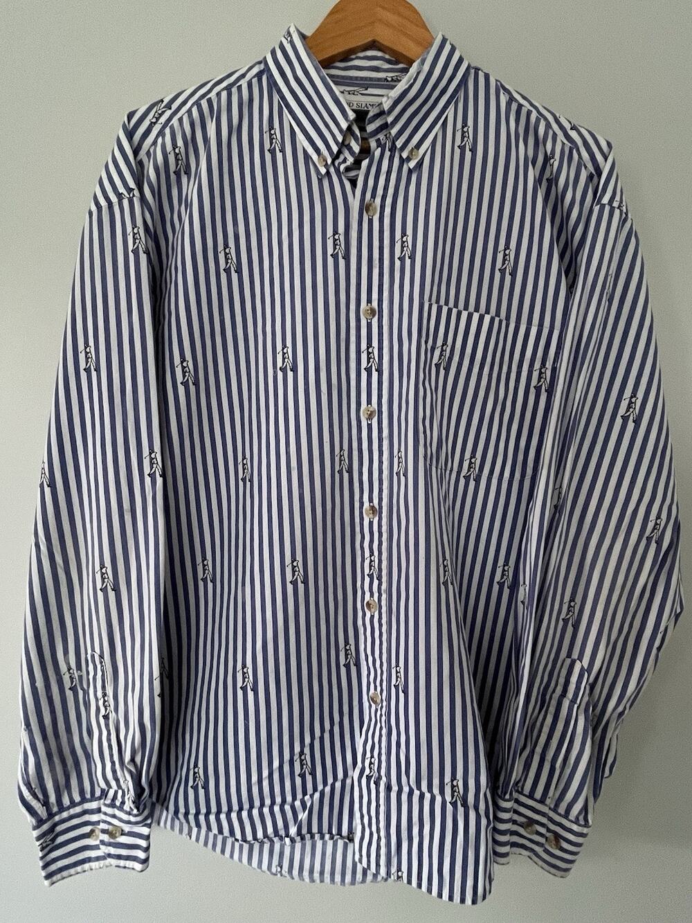 Vintage Grand Slam Munsingwear Golf Shirt Mens L Blue White Stripe AOP Cotton